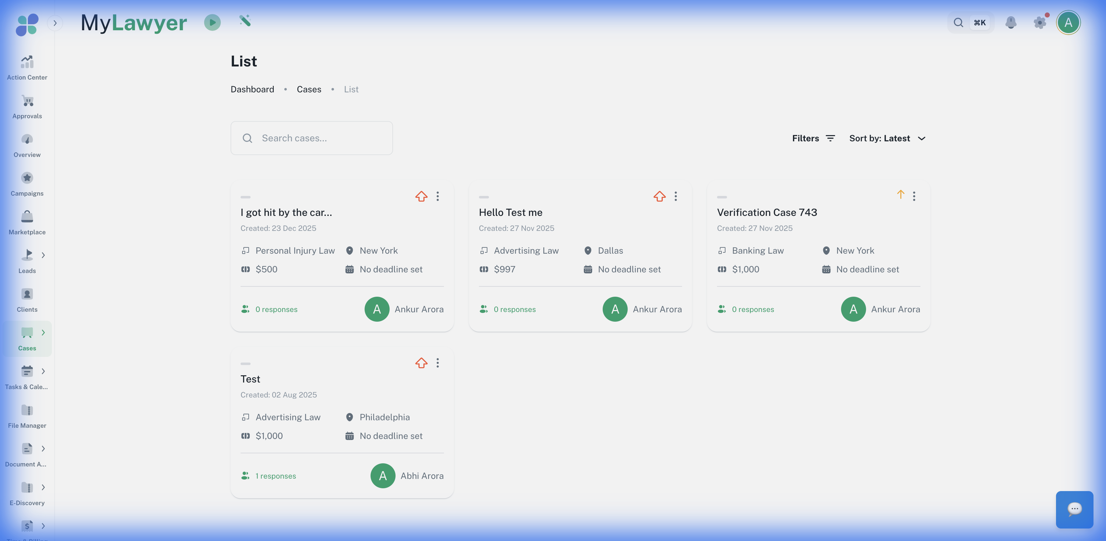 Case list view — all active matters with practice area, location, budget, and team at a glance