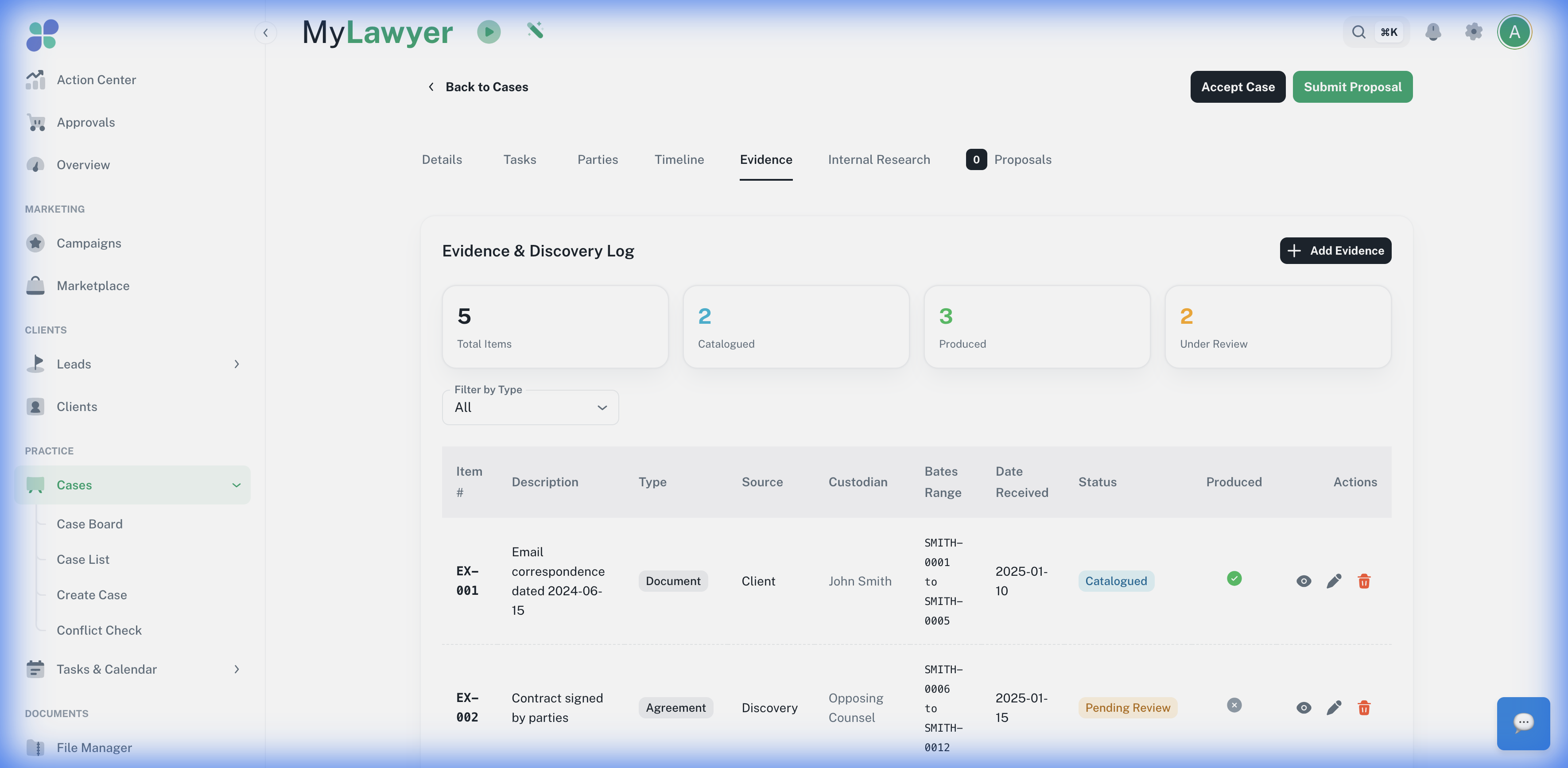 Evidence & Discovery Log — documents catalogued, produced, and tracked with custodian and date received