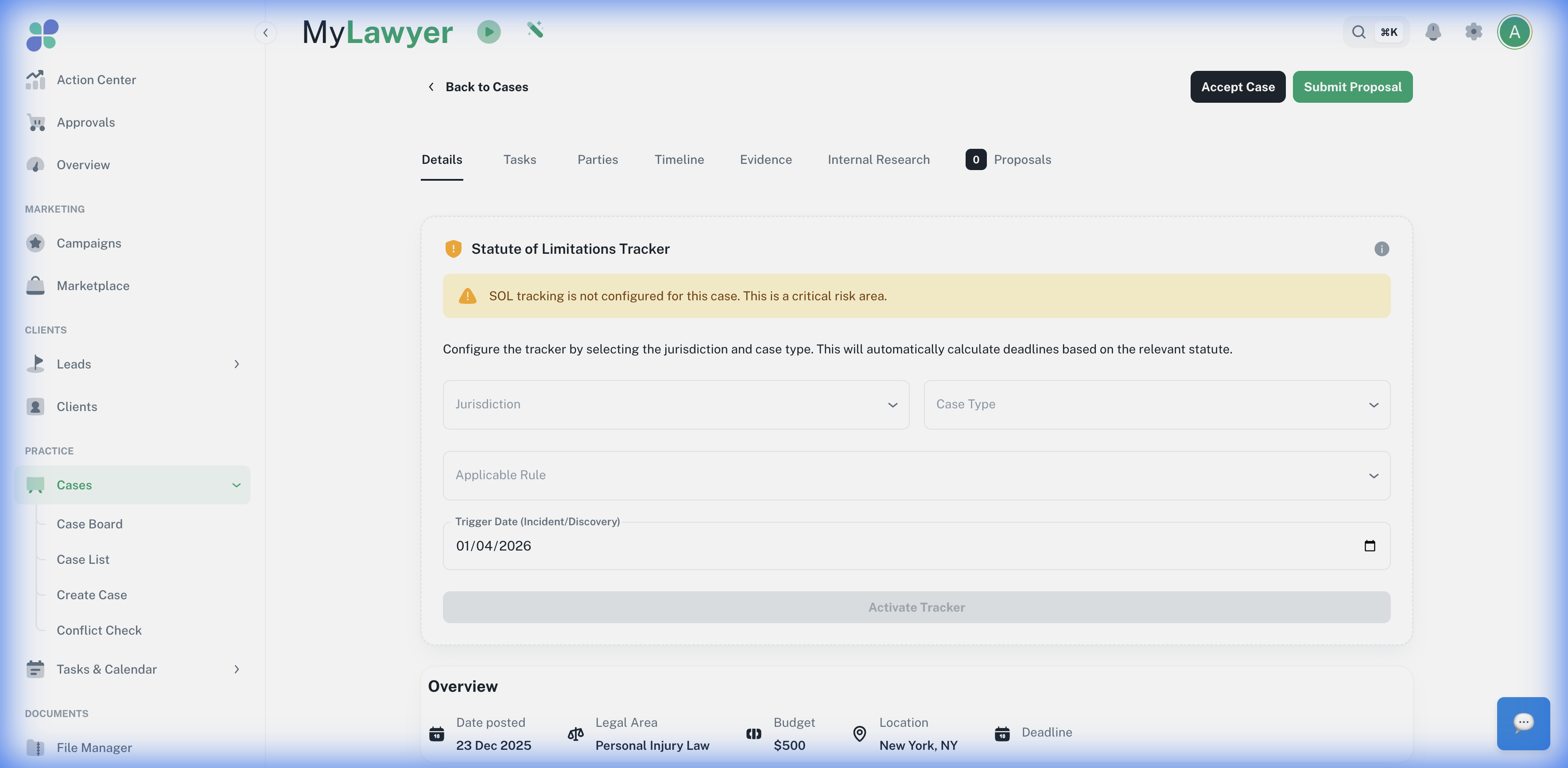Case details — statute of limitations tracker auto-calculates deadlines by jurisdiction and case type
