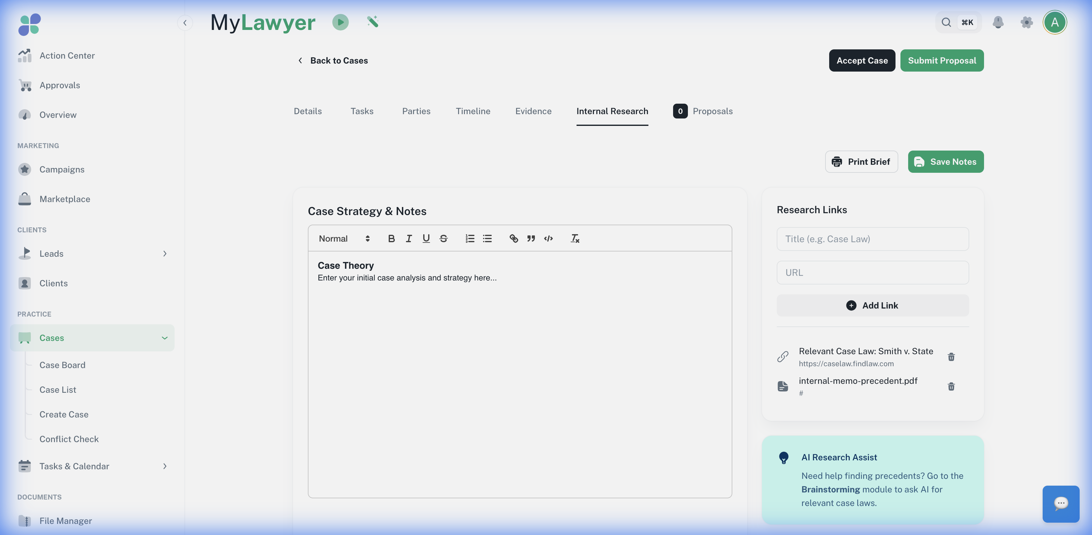 Internal Research tab — case law links and AI Research Assist feed directly into your memo draft as citations