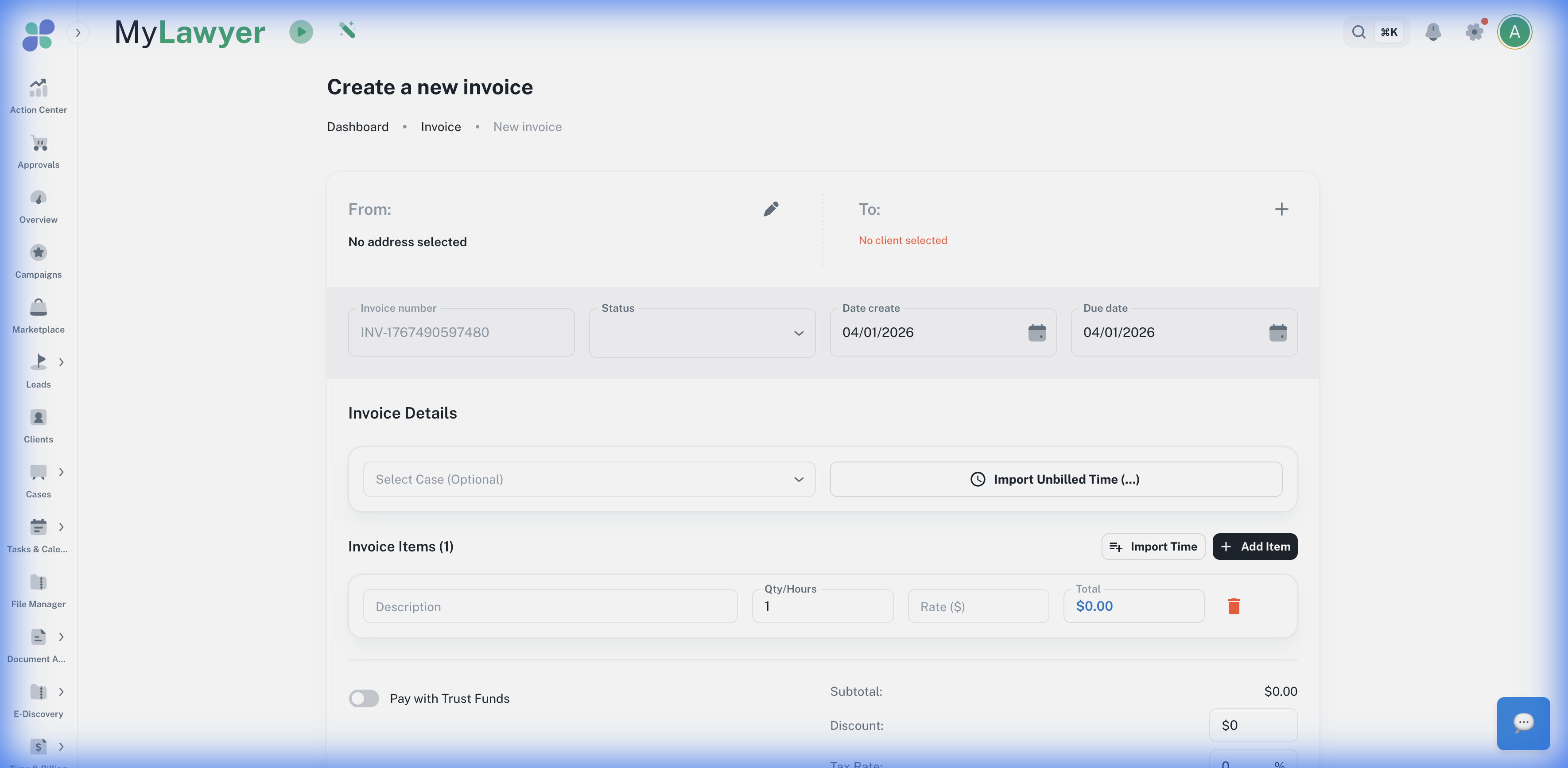 Invoice creation — AI drafts the line items from your time entries automatically