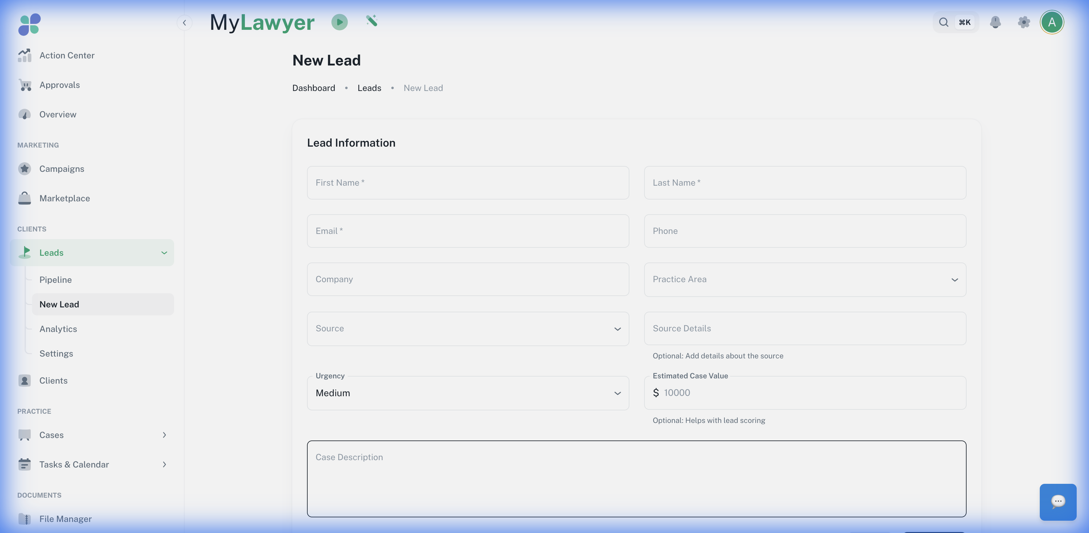 New lead form — AI Clone pre-fills intake details so you review, not re-type