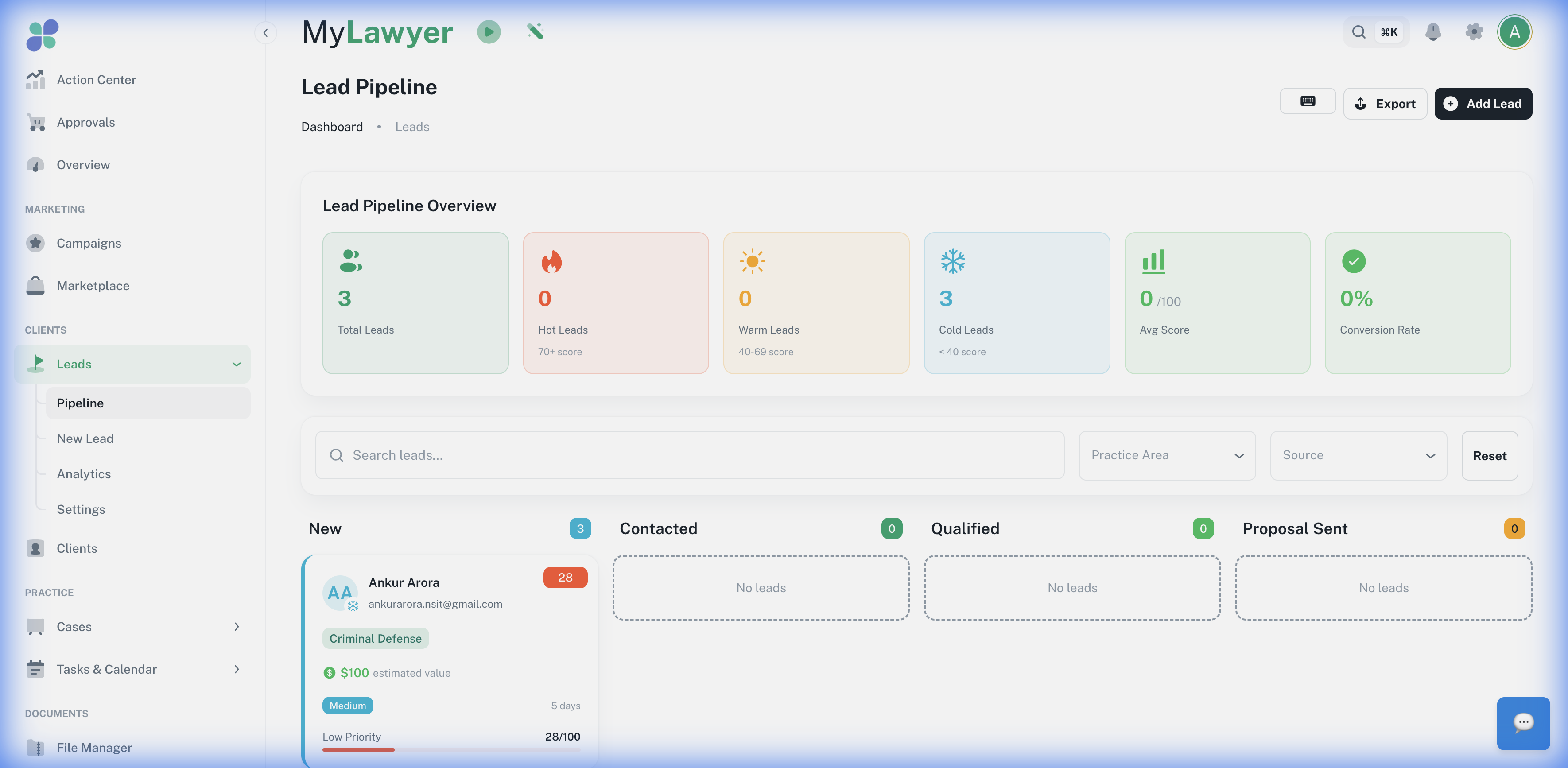 Lead Pipeline — every intake captured by your AI Clone lands here, scored and ready to action