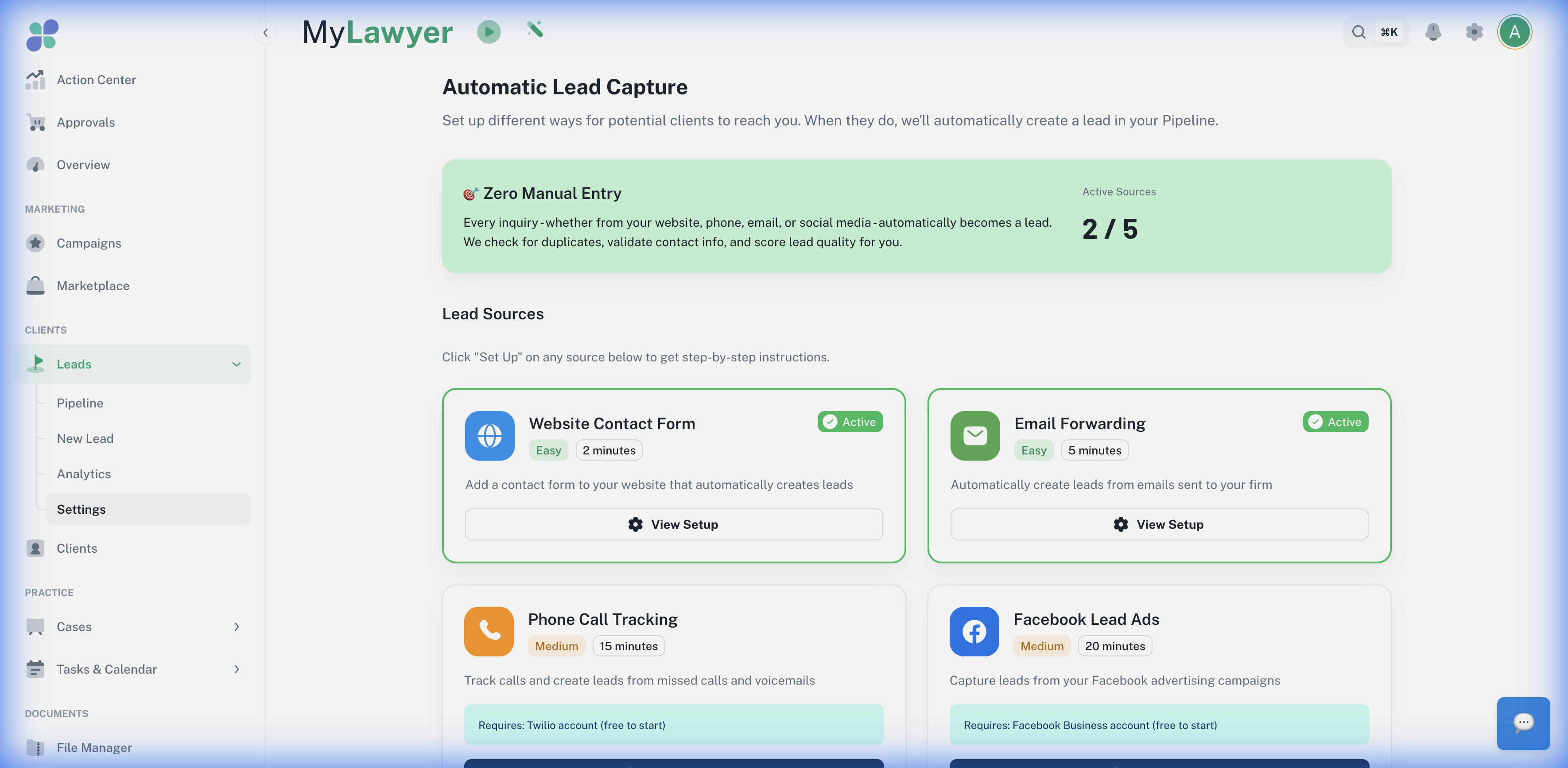 Automatic Lead Capture — zero manual entry. Website form, email, phone calls, and social ads all feed leads automatically into your pipeline