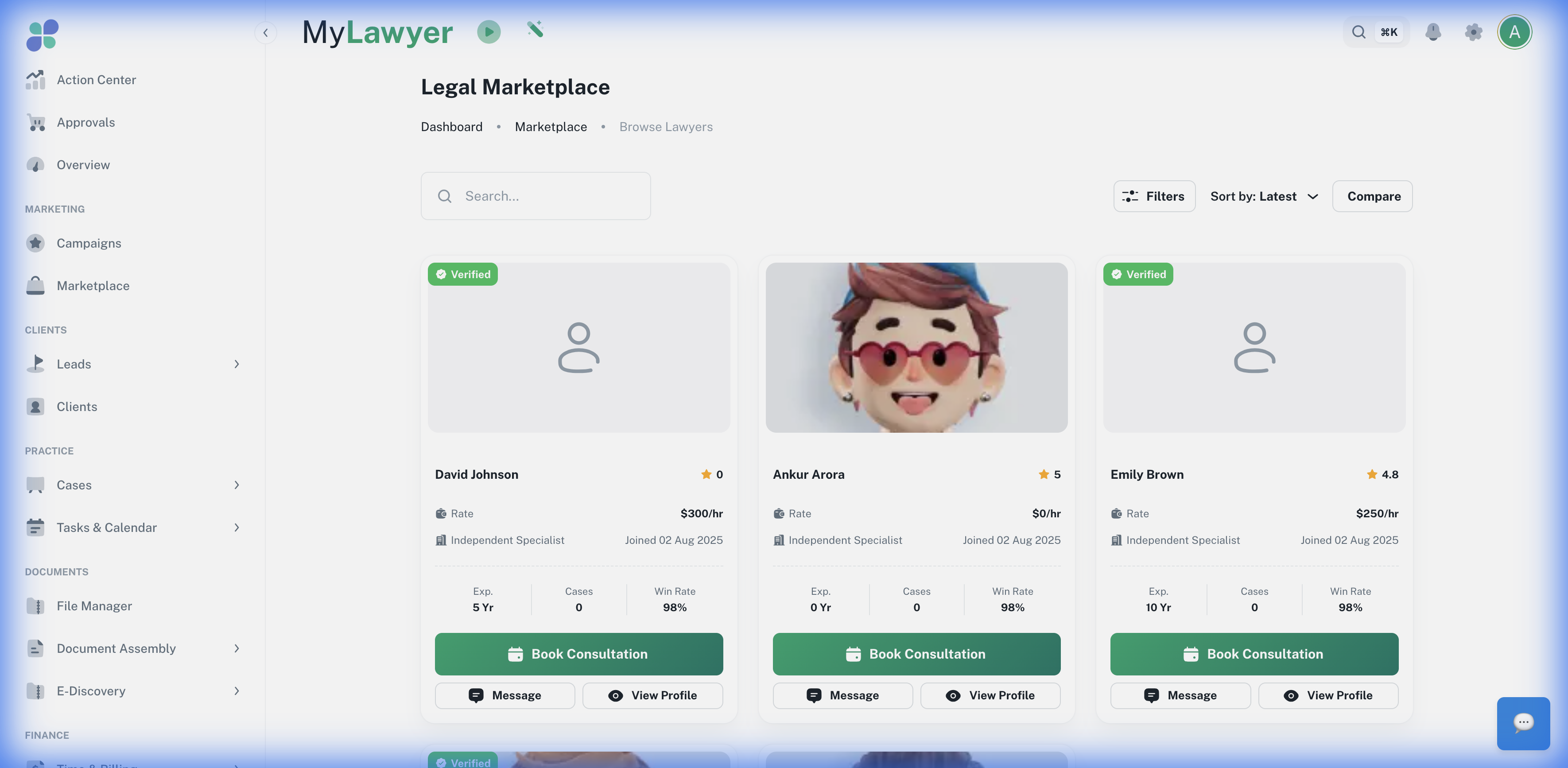 Matching mode — browse verified attorneys by practice area, rate, experience, and win rate, then book a consultation instantly