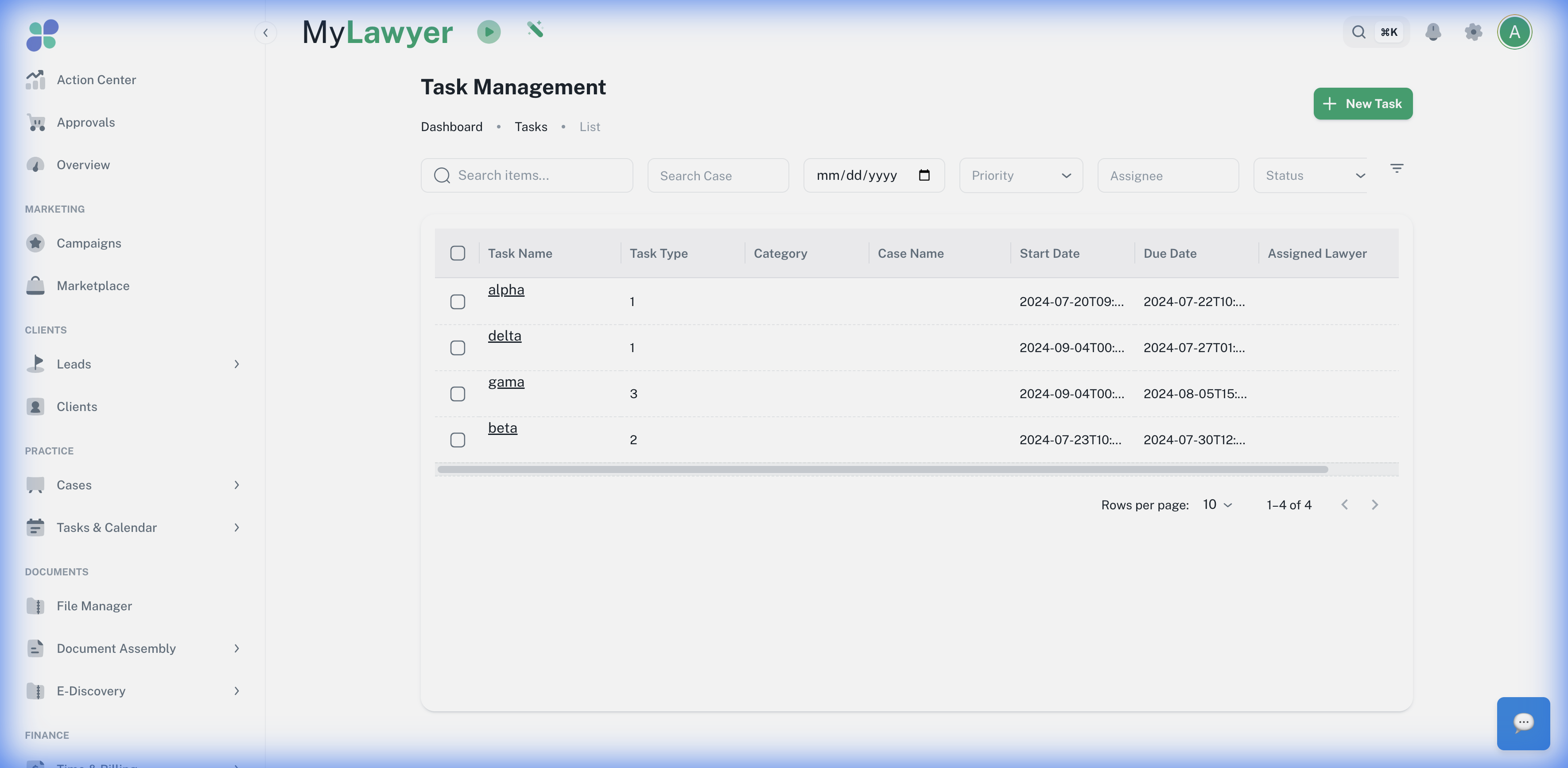 Task Management — every task across all matters in one view, filterable by case, assignee, priority, and due date