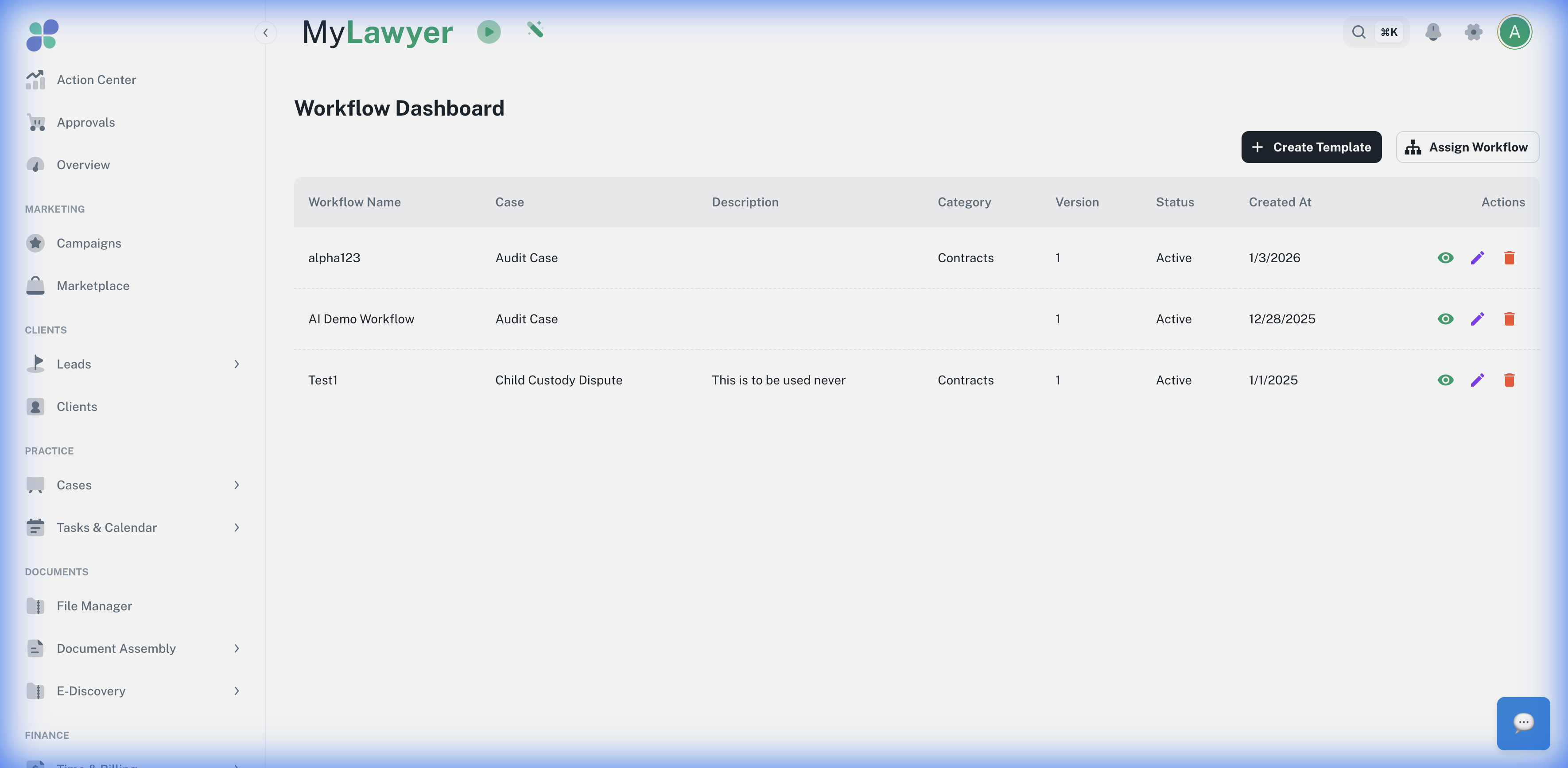 Workflow Dashboard — document workflows linked to cases, with version tracking and assignment